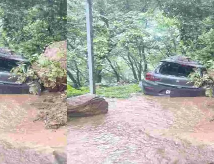 Uttarakhand news : नैनीताल घूमने पहुंचे पर्यटकों पर मंडराया खतरा, बोल्डर की चपेट में आई कार